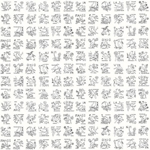 May include: A white background with a repeating pattern of black line drawings of birds, flowers, and state names. Each design features a different bird species and state abbreviation. The overall theme is a collection of state birds.
