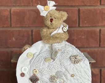 Lace Quilt Hugging Teddy Bear Upcycled Old Buttons and Bow 8" high
