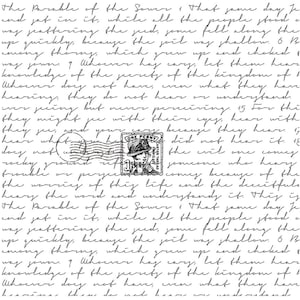 May include: A vintage-style print featuring handwritten script with a postage stamp illustration. The stamp depicts a person in a hat and the text "ONE PENNY". The background is filled with cursive text, creating a layered, aged aesthetic.