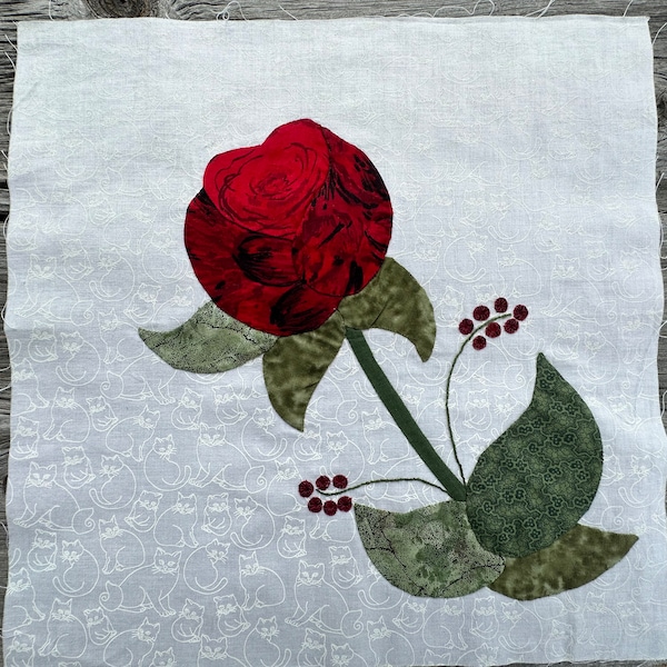 Handmade Quilt Block Red Flower and Berries Hand Stitched Applique Cotton for Pillow Top Quilt Wall Decor or Tote