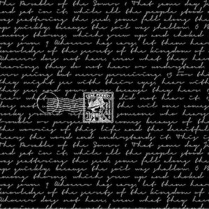 May include: Black background with white handwritten text, featuring a vintage postage stamp with a soldier's profile and the words "ONE PENNY." The text appears to be a scriptural passage, creating a vintage aesthetic.