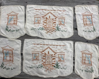 Vintage Lace Cotton Doilies Embroidery Set of 6  Home Sweet Home House Windows Good Condition Home Decor