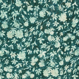 May include: A teal fabric with a repeating floral pattern. White flowers and leaves are scattered across the dark teal background. The design features various sizes of flowers and delicate foliage, creating a natural, botanical theme.
