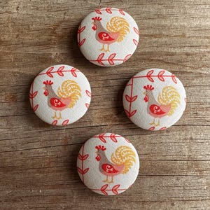 Buttons New- Handmade Covered Rooster Fabric Buttons Set 4, 1.5 inches