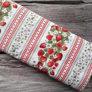 TESSUTO TIMELESS TREASURES Tessuto Fragole Succose Bordo Strisce Collage Quilting Abbigliamento Cotone di Alta Qualità