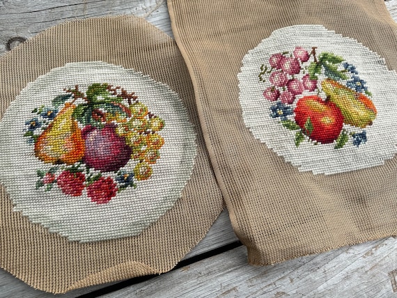 Vintage Fruit Motif Needlepoint Pillows - a Pair