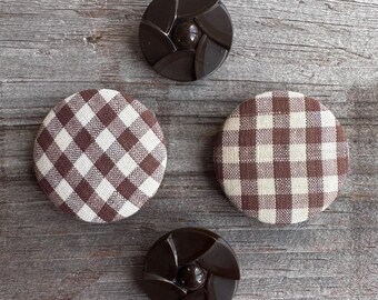 Buttons Vintage Set 2 Brown Plastic 1" Set 2 Homemade Fabric 1.5"