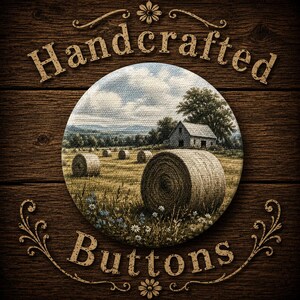May include: A circular button featuring a printed landscape of a rural field with hay bales, a small house, and trees under a cloudy sky. The text Handcrafted Buttons is arched in a serif font above and below the central circular image.