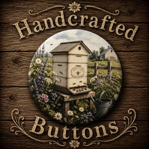 May include: A circular button featuring a printed illustration of a wooden beehive on a stand, surrounded by wildflowers, a small metal watering can, and a house in the background. The text Handcrafted Buttons is printed in a decorative font.