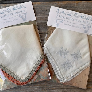 Vintage Hankie Set of 2 Floral Embroidery Crochet Lace Trim Handkerchief Cotton