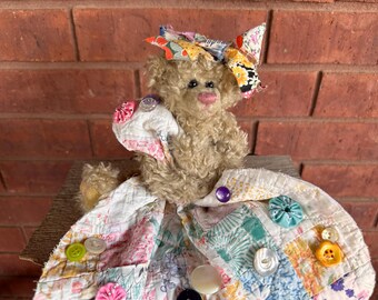 Vintage Quilt Hugging Teddy Bear Upcycled Antique Quilt Old Buttons and Bow 8" high