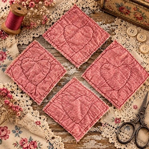 Puede incluir: Cuatro posavasos cuadrados de tela en color rosa empolvado, cada uno con un diseño de corazón acolchado en el centro. Los posavasos tienen bordes deshilachados y una apariencia texturizada y moteada, dispuestos en forma de diamante sobre encaje.