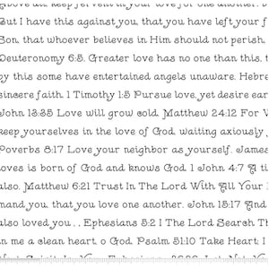 May include: A white background with black handwritten text featuring Bible verses. The text includes phrases like "Greater love has no one than this" and "Love your neighbour as yourself."