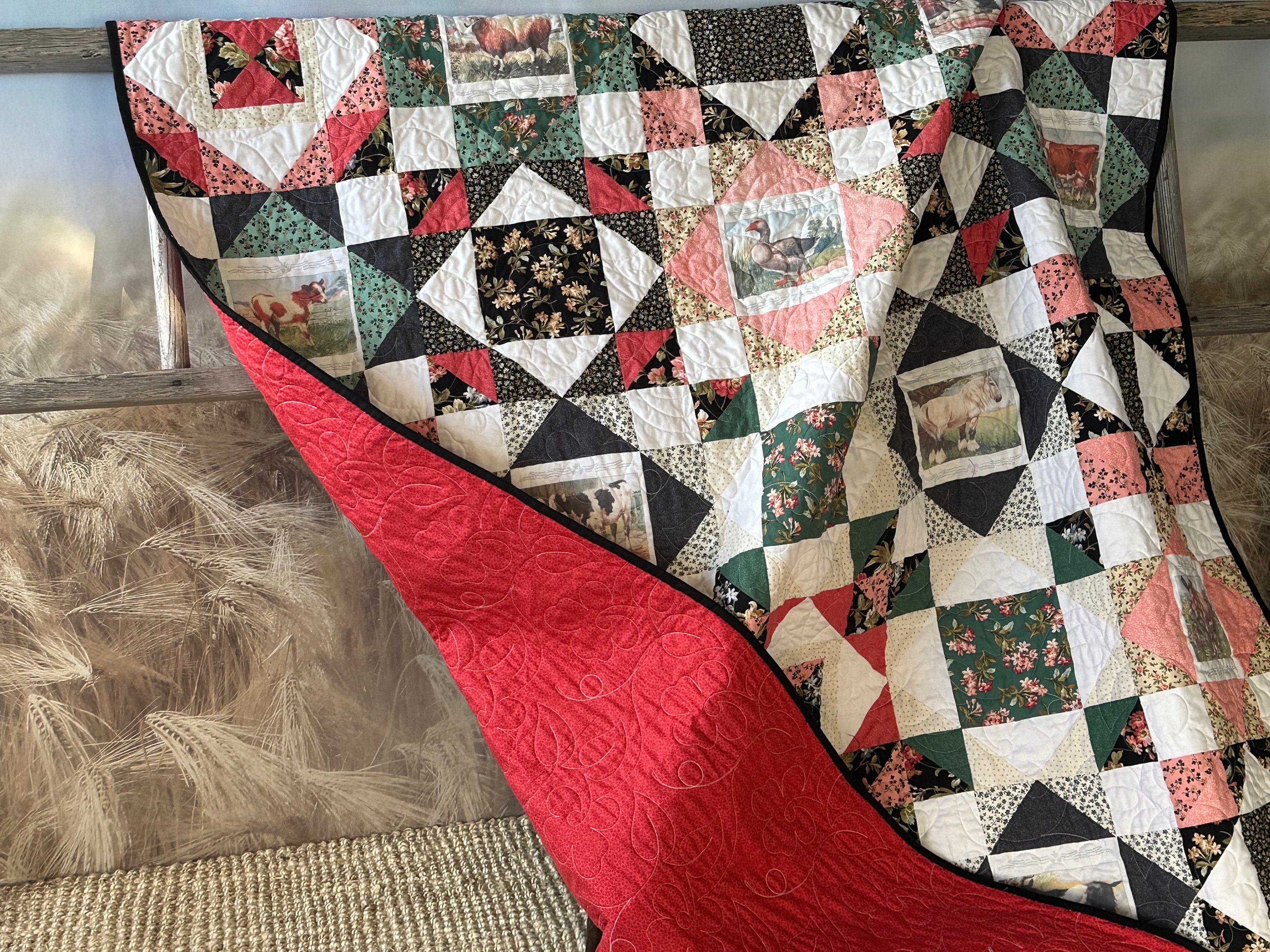 Handmade Farm Animal Quilt: Vintage Printed Cotton Patchwork, 57