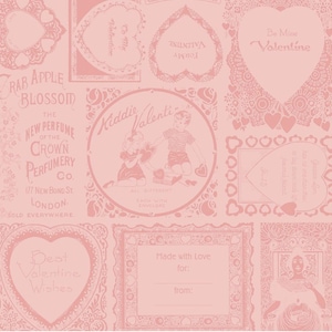 Op de afbeelding: Een roze Valentijnsdagontwerp met verschillende hartvormige kaarten en vintage illustraties. Tekst bevat "Be Mine Valentine", "Best Valentine Wishes" en "Kiddie Valentine".