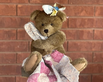 Vintage Quilt Boyd Teddy Bear Hugging 16" Antique Quilt Patchwork Bow 10" high