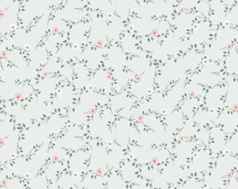 May include: A repeating pattern of delicate floral vines on a light blue background. The vines feature small green leaves, pink roses, white daisies, and tiny yellow accents, creating a soft, romantic aesthetic.
