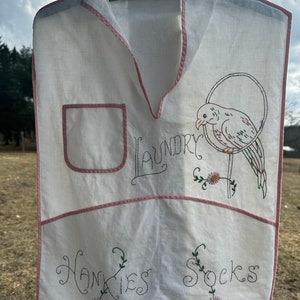 Vintage Embroidered Laundry Storage Bag Hankies Socks Linen Parrot Flowers Storage Bag Hanger Trim Nice Home Decor image 2