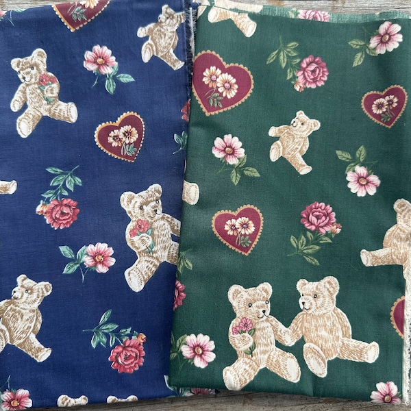 BARN SALE Fabric 72" x 44" Vintage Springs Industry Stiff Coating Washes Out Cotton Teddy Bears Hearts  Set of 2  1 yard pieces