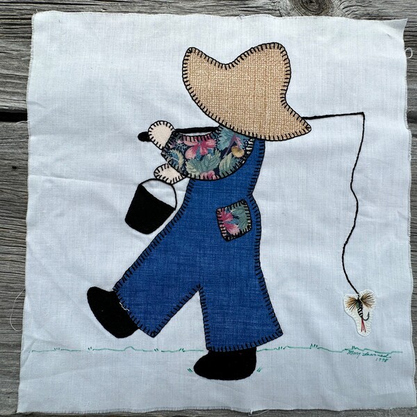 Handmade Quilt Block Fishing Boy Hand Stitched Applique Cotton for Pillow Top, Quilt, Tote or Wall Art Home Decor