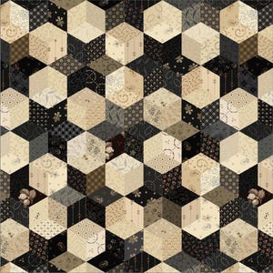 May include: A fabric quilt featuring a repeating geometric pattern of three-dimensional cubes. The design uses a palette of black, cream, and tan, with each diamond-shaped face displaying a unique floral, paisley, or small-scale grid print.