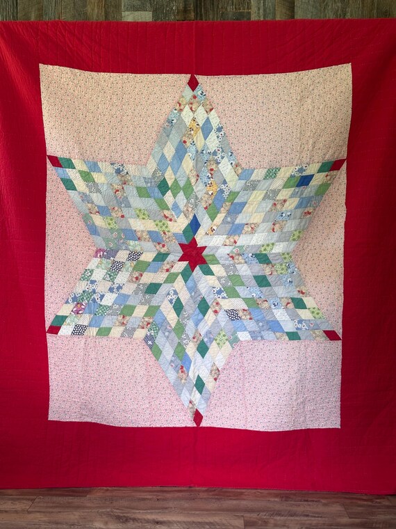 アンティークキルト　パッチワーク 1930年代のパッチワーク手縫いキルトアンティークキルトコットン69 x