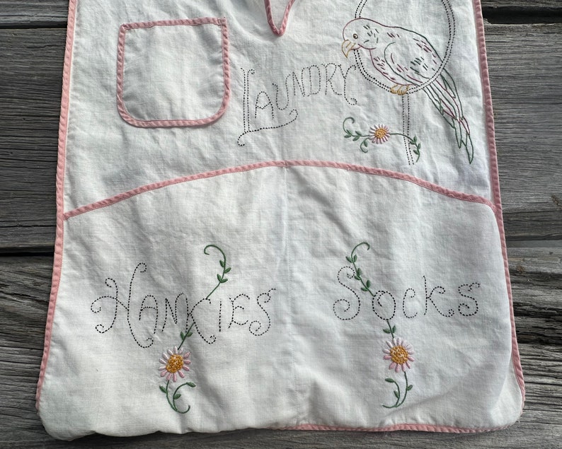 Vintage Embroidered Laundry Storage Bag Hankies Socks Linen Parrot Flowers Storage Bag Hanger Trim Nice Home Decor image 3