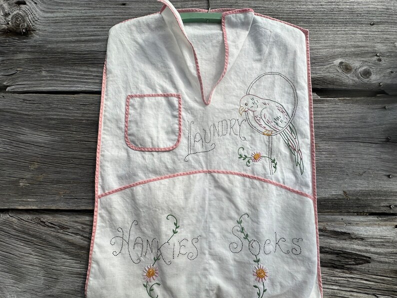 Vintage Embroidered Laundry Storage Bag Hankies Socks Linen Parrot Flowers Storage Bag Hanger Trim Nice Home Decor image 1