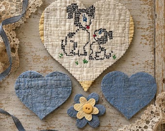 1960年代のモダンなパッチワーク、手縫いのキルティングと刺繍が施され