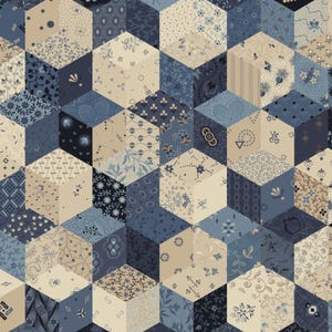 Könnte beinhalten: Ein Stoffmuster mit einem sich wiederholenden geometrischen Design aus Würfeln, die aus Sechsecken gebildet werden. Die Oberfläche zeigt eine Vielzahl von blauen und beigen Blumen-, Punkt- und Streifenmustern, die einen 3D-Effekt erzeugen.