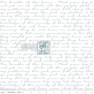 May include: White fabric with handwritten text in light blue, featuring a vintage postage stamp with the text "ONE PENNY". The fabric also includes a circular postmark. The text is a script from the Bible.