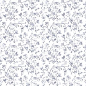 May include: A repeating pattern of blue floral motifs on a white backdrop. The design showcases detailed illustrations of flowers, leaves, and curling vines, offering a traditional and refined appearance. Ideal for textiles and decorative purposes.