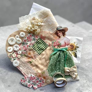 Junk Journal Bundles, Fabric Ephemera Farmhouse, Patch Work Heart, Mixed Media, Paper Doll, Lace, Buttons