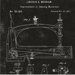 Könnte beinhalten: Ein Vintage-Blaupause einer Nähmaschine mit dem Text "LINCOLN A. MERRIAM. Improvement in Sewing Machines. No. 121,186. Patented Nov. 21, 1871." Die Zeichnung ist weiß auf dunklem Hintergrund.