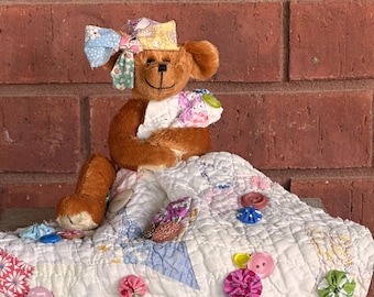 Vintage Quilt Hugging Teddy Bear Upcycled Antique Quilt Old Buttons and Bow 8" high