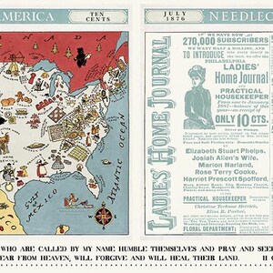 Könnte beinhalten: Vintage Druck mit einer Karte der Vereinigten Staaten mit Illustrationen von Hauskunst und einer Anzeige für das Ladies' Home Journal. Die Karte trägt die Aufschrift "Karte der Hauskunst der Vereinigten Staaten von Amerika" und enthält die Wörter "In America" und "Needlecraft".