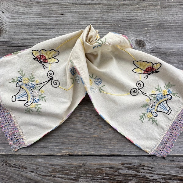 Vintage Embroidered Runner Dresser Scarf Cotton Butterfly Floral Basket Lace Trim Nice Home Decor Sewing and Craft Read Description