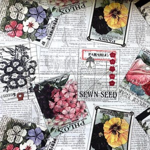 May include: A collage of vintage seed packets and floral illustrations on a newspaper background. The packets feature pansies, phlox, and other flowers in various colours. Text includes "Pansy Sewing Seeds".
