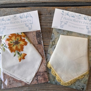 Vintage Hankie Set of 2 Fall Flower Embroidery Crochet Lace Trim Handkerchief Cotton