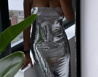 Classic Long Silver Sequin Dress with Thin Straps for dinner parties, weddings, thanksgiving and other celebrations