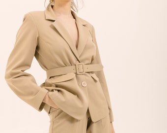 Womenwear Tan Blazer with shoulder pads and Pants Suit with belt included