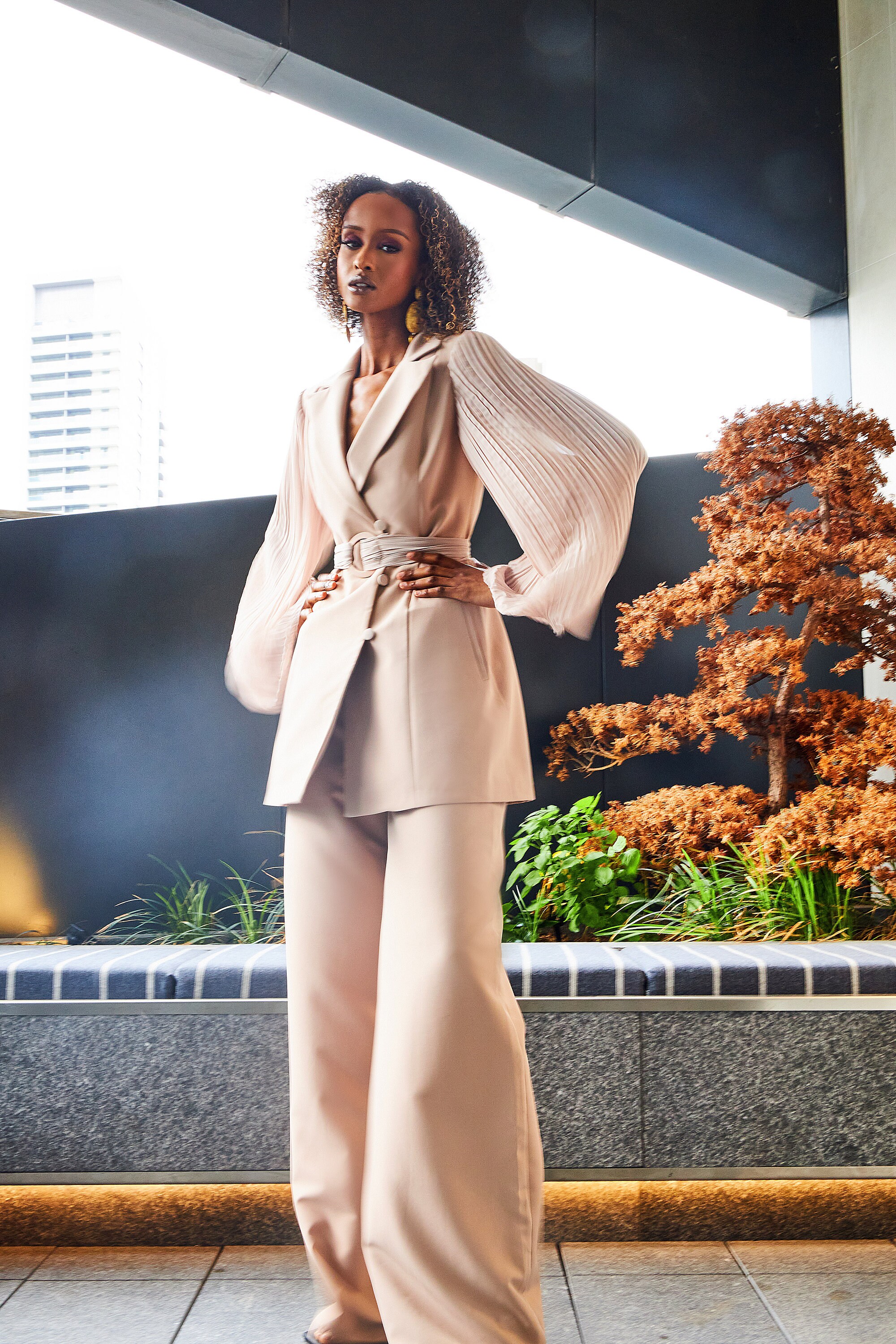 Short Sleeve Cropped Blazer & Pleated Wide Culotte Pants Set (JACKET ONLY)