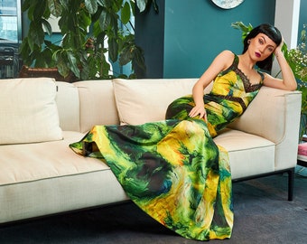 Satin Green and Yellow Spring Summer Maxi Dress with Lace Insert