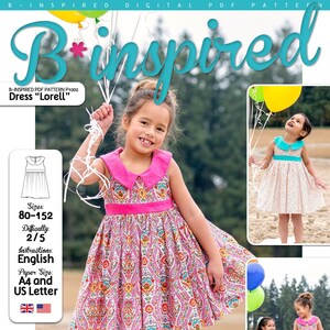 May include: A digital PDF sewing pattern for a girl's dress called "Lorell". The pattern includes instructions in English and is for sizes 80-152. The pattern is designed to be printed on A4 or US Letter paper.