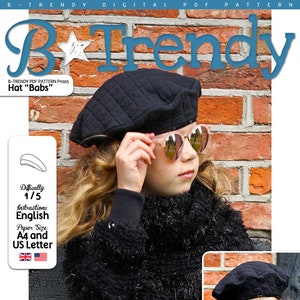 Könnte beinhalten: Ein digitales PDF-Muster für eine schwarze Baskenmütze namens "Babs". Das Muster ist in englischer Sprache verfügbar und enthält Anweisungen für die Papierformate A4 und US Letter. Der Schwierigkeitsgrad ist mit 1/5 angegeben.