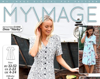 May include: A digital PDF sewing pattern for a dress called "Marley". The pattern is available in sizes EU 32-52, US 2-22, and UK 4-24. The pattern is rated as a difficulty level of 3 out of 5. The instructions are in English and the pattern is printed on A4 or US Letter paper.