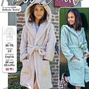 Puede incluir: Un patrón de costura digital PDF para una bata de baño con capucha. El patrón se llama "Austin" y está disponible en las tallas 80-176. Las instrucciones están en inglés y el patrón está diseñado para imprimirse en papel A4 o US Letter.