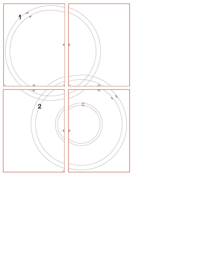 Może przedstawiać: Diagram z dwoma okręgami, oznaczonymi jako 1 i 2, pokazujący, jak stworzyć okrąg za pomocą cyrkla. Okręgi są rysowane za pomocą cyrkla, a punkty przecięcia są oznaczone literą X.