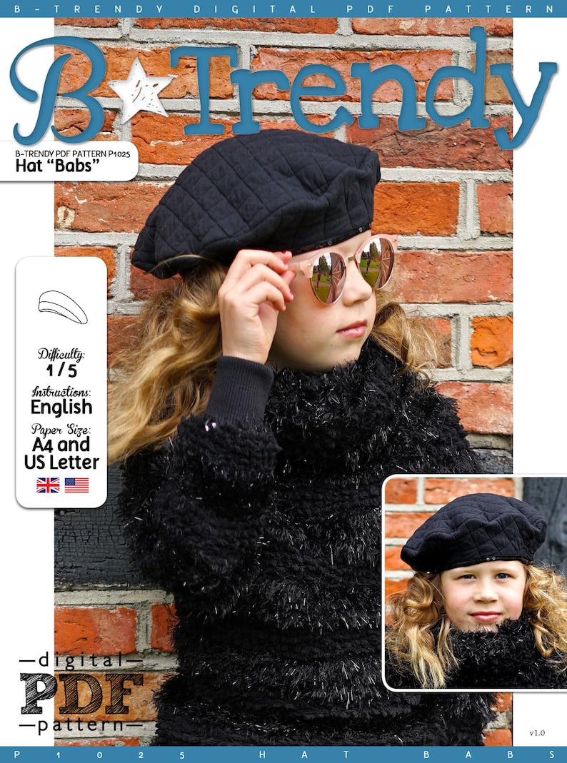 Może przedstawiać: Cyfrowy wz&oacute;r PDF na czapkę typu beret w kolorze czarnym, nazwaną "Babs". Wz&oacute;r jest dostępny w języku angielskim i zawiera instrukcje dla format&oacute;w papieru A4 i US Letter. Poziom trudności oceniono na 1/5.