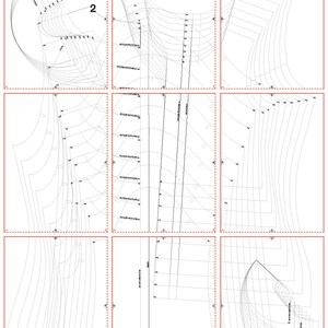 Peut inclure: Un patron de couture avec neuf pi&egrave;ces diff&eacute;rentes, num&eacute;rot&eacute;es de 1 &agrave; 5 et &eacute;tiquet&eacute;es avec des lettres. Le patron est pour un v&ecirc;tement, peut-&ecirc;tre une robe ou un chemisier.